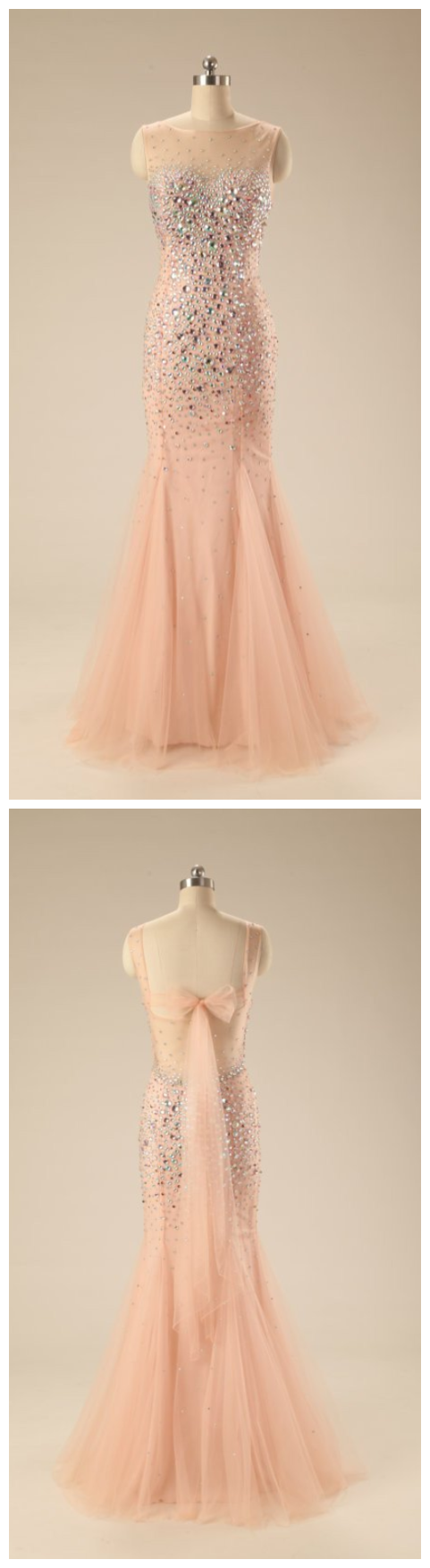 Tulle Beading Prom Dresses,sequins Round Neck Bowknot Mermaid Long Evening Dresses