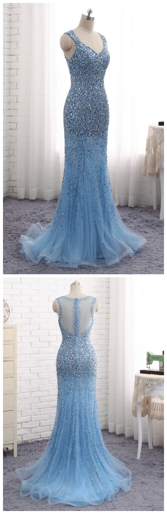 Crystal Beaded Prom Dress, Elegant Mermaid Evening Dress, Long Evening Dresses