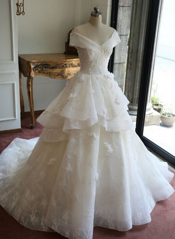 Off-the-shoulder A-line Wedding Dress Featuring Floral Lace Appliqués And Court Train