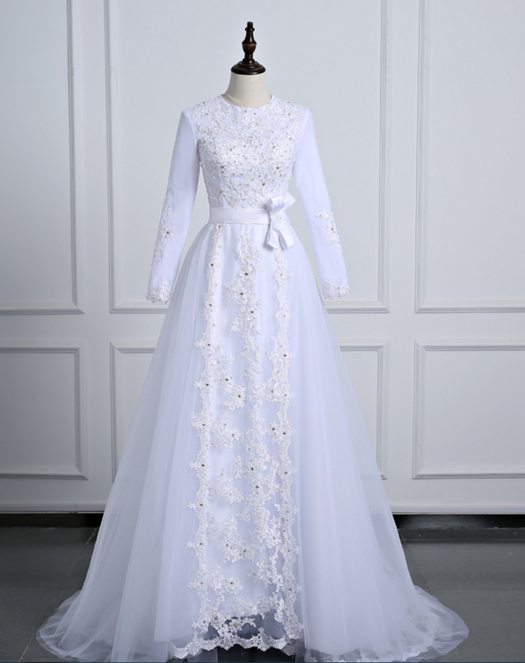 Long Sleeve Wedding Dresses Tulle Floor Length Bridal Dresses With Lace Appliques