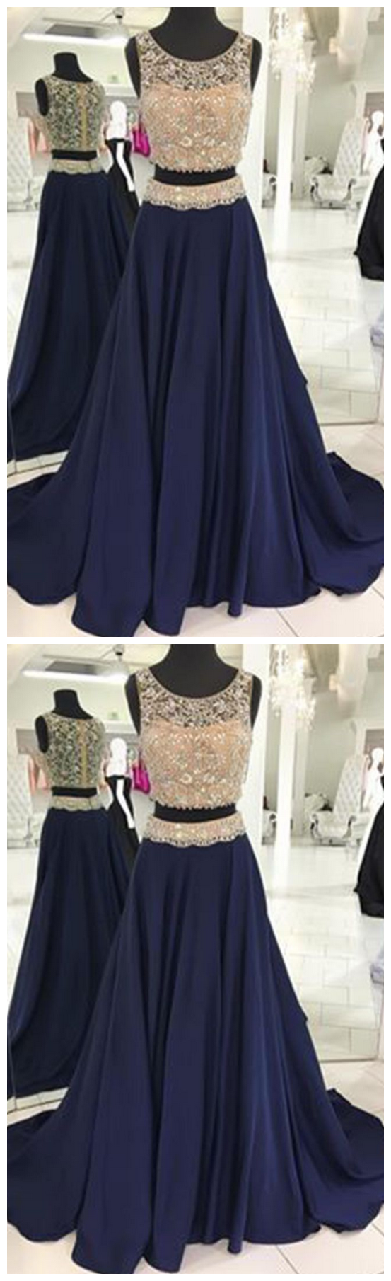 Navy 2 Pieces Prom Dress With Beads