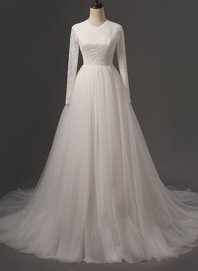 Round Neck Lace Appliqués A-line Tulle Wedding Dress Featuring Long Sleeves And Long Train