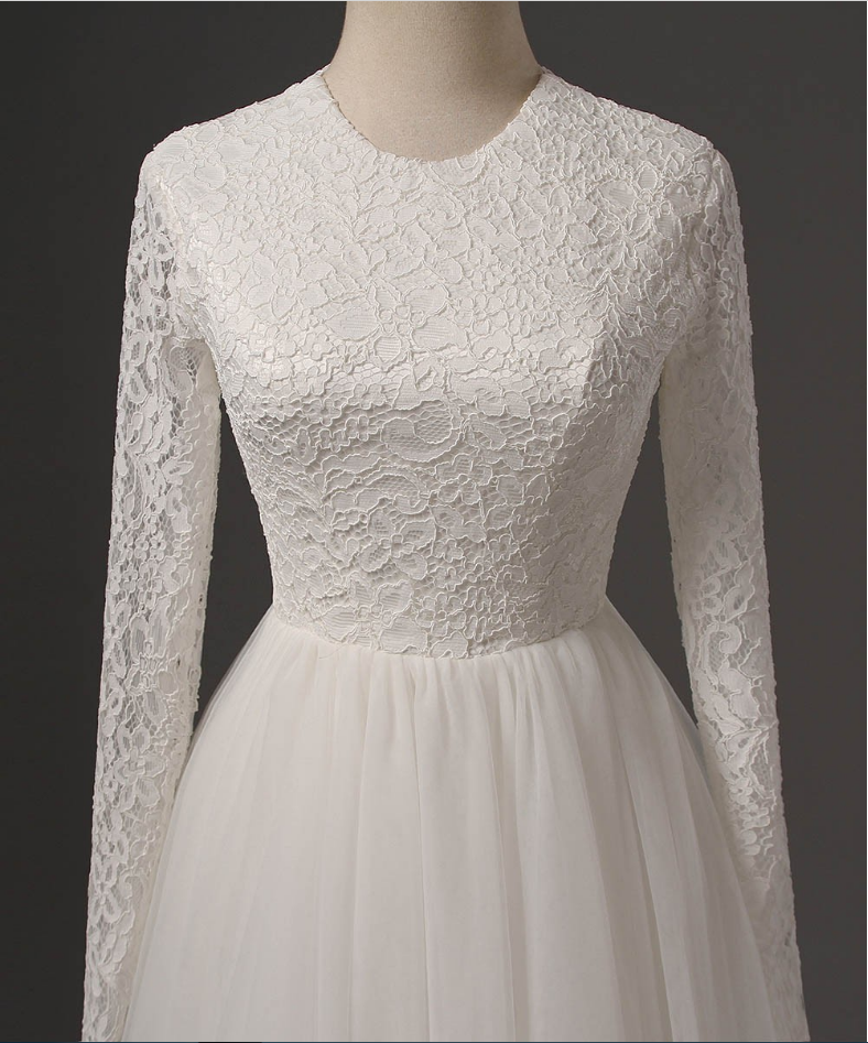 Round Neck Lace Appliqués A-line Tulle Wedding Dress Featuring Long ...