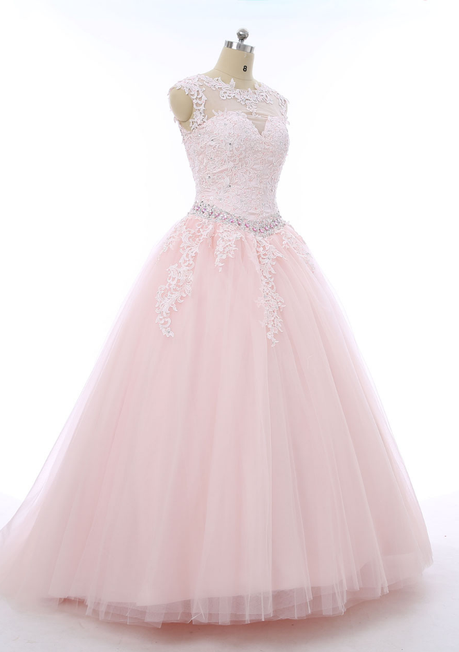 Pink Tulle Ball Gowns,floor Length Prom Dresses,beading Wedding Dresses