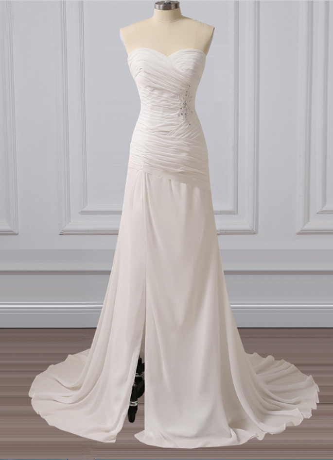 Strapless Sweetheart Ruched Chiffon A-line Long Wedding Dress Featuring Side Slit