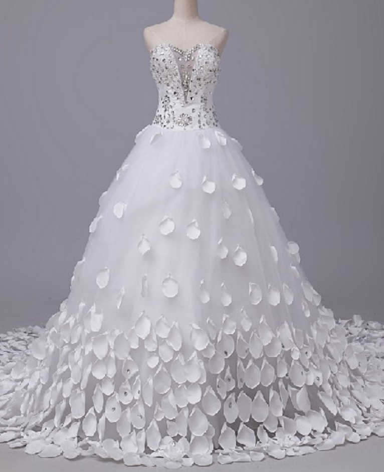 Strapless Sweetheart Beaded Ballgown Wedding Dress With Feather Appliqués And Long Train