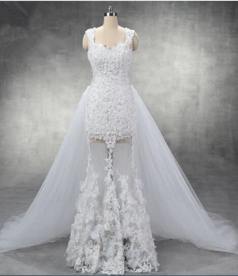 Sexy Cap Sleeves Pearl Beaded Lace Sheath Wedding Dress With Detachable Tulle Train See Through Skirt 3d Flowers Real Photos