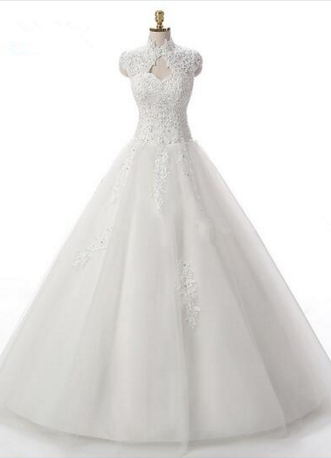 High-neck Sleeveless Princess Wedding Ball Gown Featuring Lace Appliqués And Lace-up Back