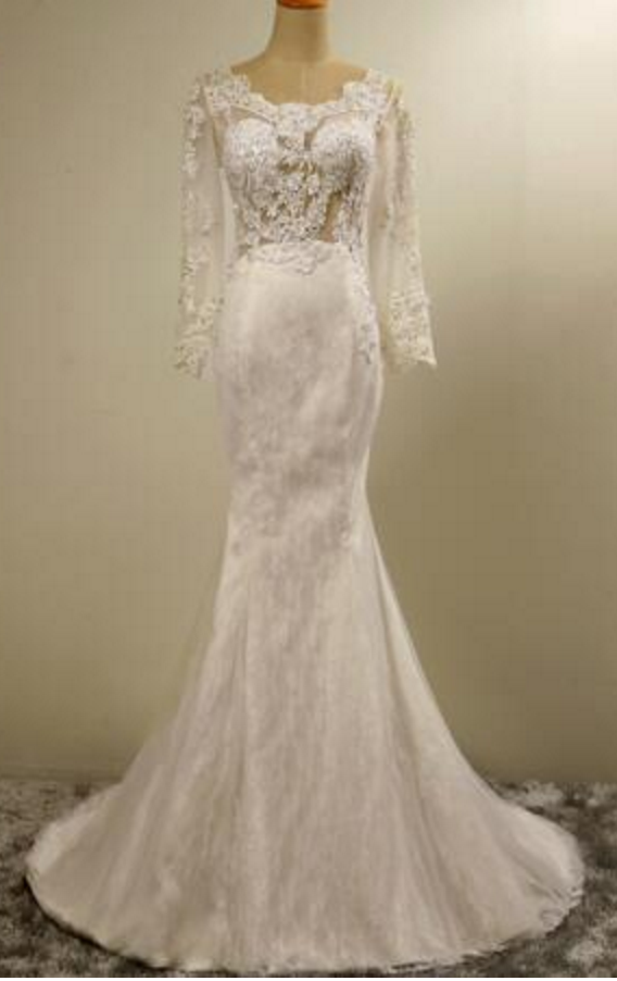 Fashion White Lace Long Sleeves Fishtail Wedding Dress Bridal Sexy Slim Luxury Embroidery Mermaid Wedding Gown
