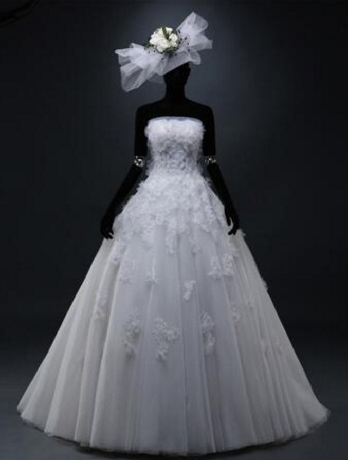 Exclusive Custom Real Picture Elegant Fashion Strapless Backless Appliques Flowers Sequined Lace A-line Wedding Dresses