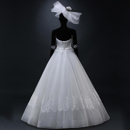 Exclusive Custom Real Picture Elegant Noble Strapless Backless Appliques Lace Bow Organza A-line Wedding Dresses