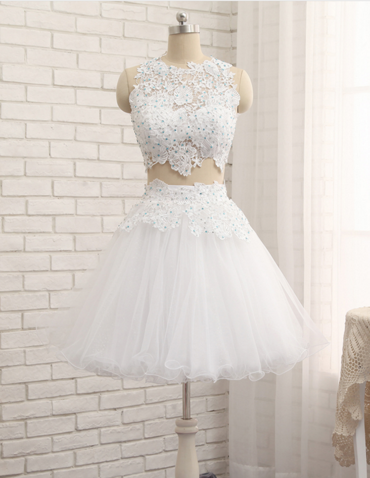 Homecoming Dress,sexy Two Pieces White Cocktail Dress ,tulle Lace Cocktail Sleeveless Dress