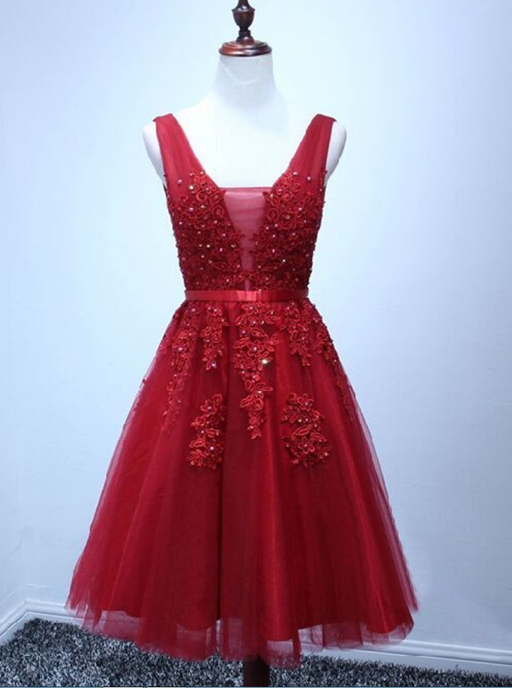 Homecoming Dresses ,a-line V-neck Homecoming Dresses,sexy Homecoming Dress,knee-length Red Organza Homecoming Dress With Appliques Beading