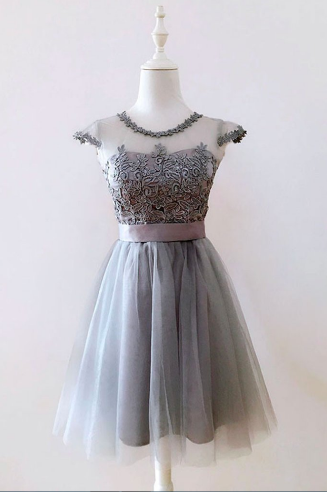 Homecoming Dresses , Homecoming Dresses ,cute Gray Tulle Short Prom Dress,gray Homecoming Dress With Sash