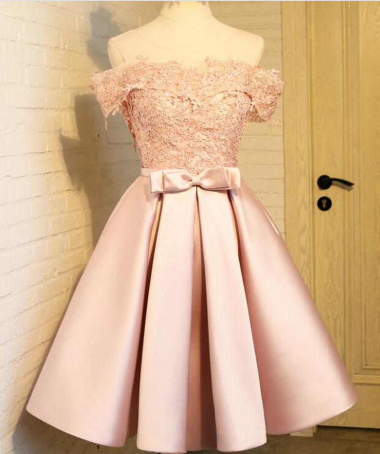 Lovely Light Pink Off Shoulder Satin And Lace Applique Homecoming Dresses, Homecoming Dresses , Short Party Dresses