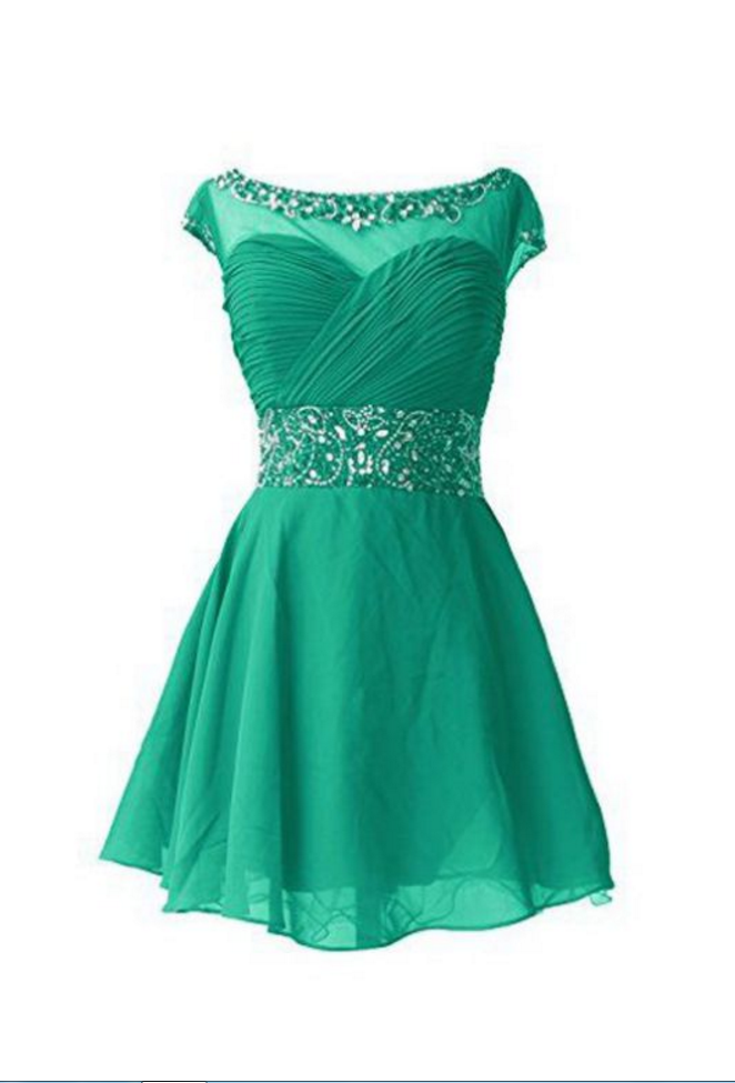 Green Homecoming Dresses Zippers Capped Sleeves Aline Round Neck Mini Beadings