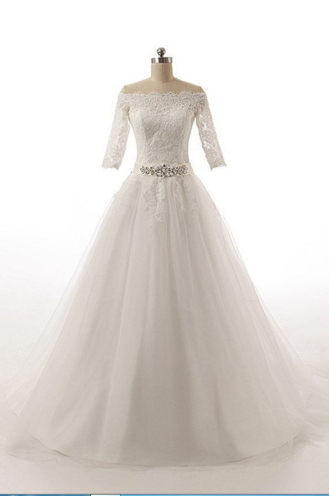 Half Sleeves Long Ball Gowns Bodice Lace Wedding Dresses