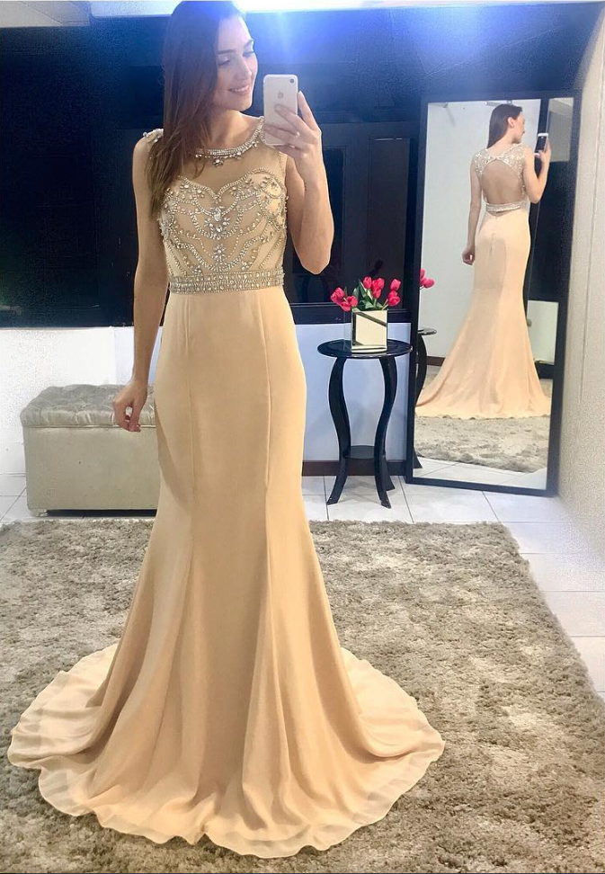 Beading Bodice Champagne Chiffon Mermaid Evening Dress Backless Prom Gowns