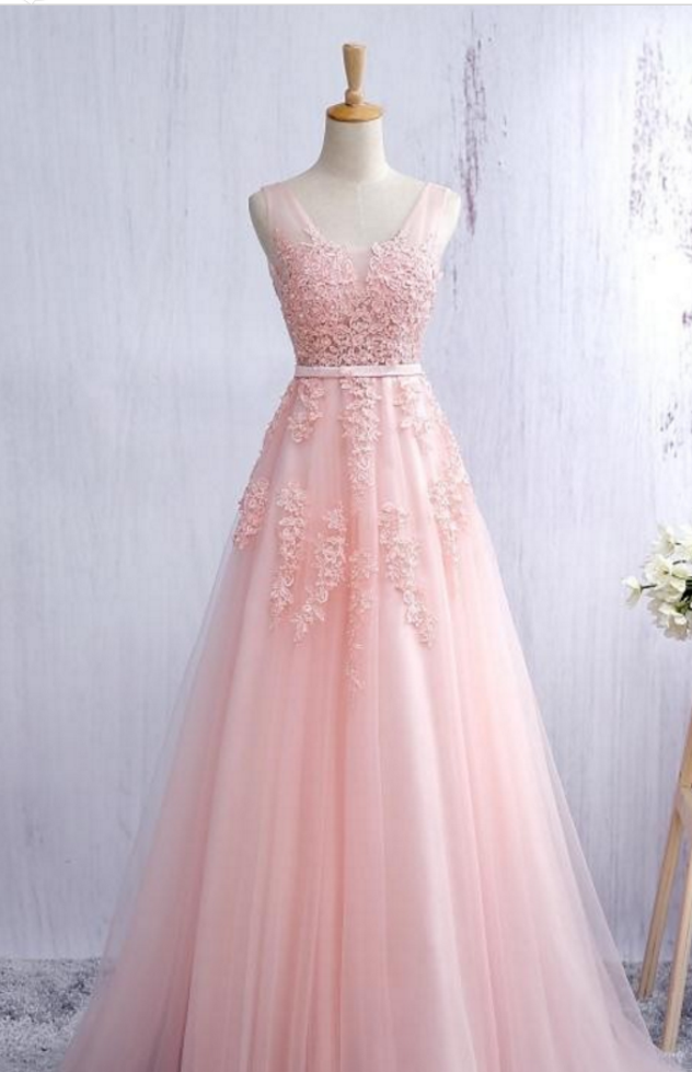 Blush Pink Evening Dress Prom Dress with Lace