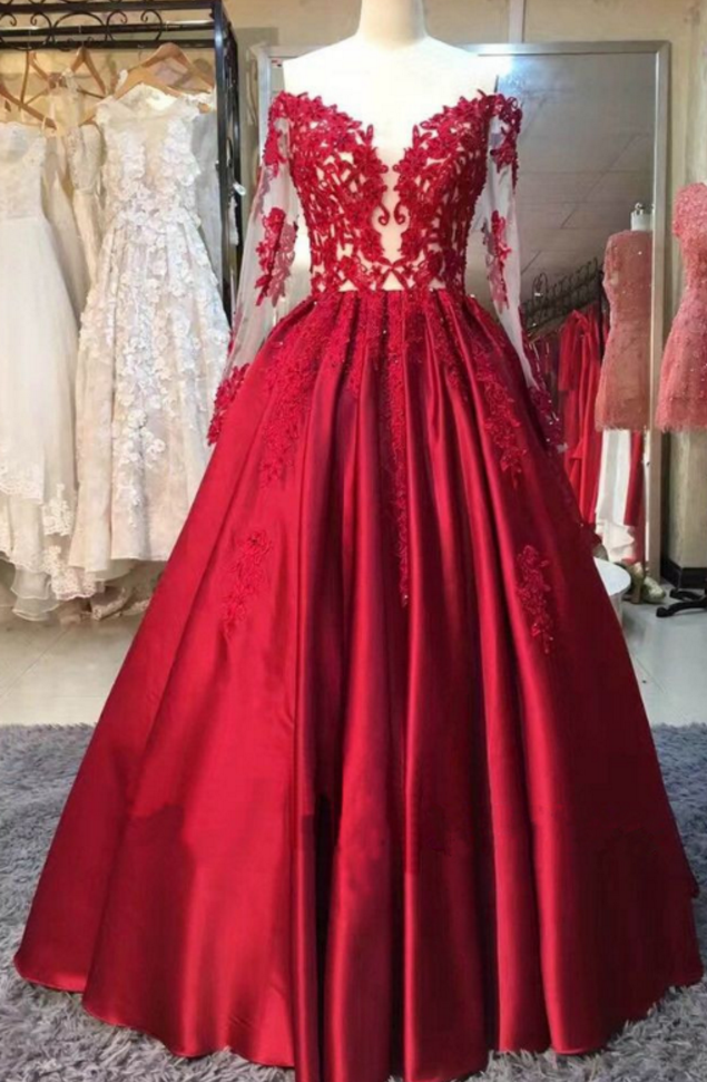 Long Sleeves Red Ball Gown