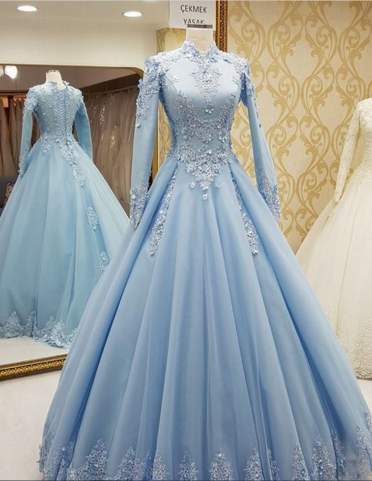 Light Blue Formal Occasion Dress With Long Sleeves