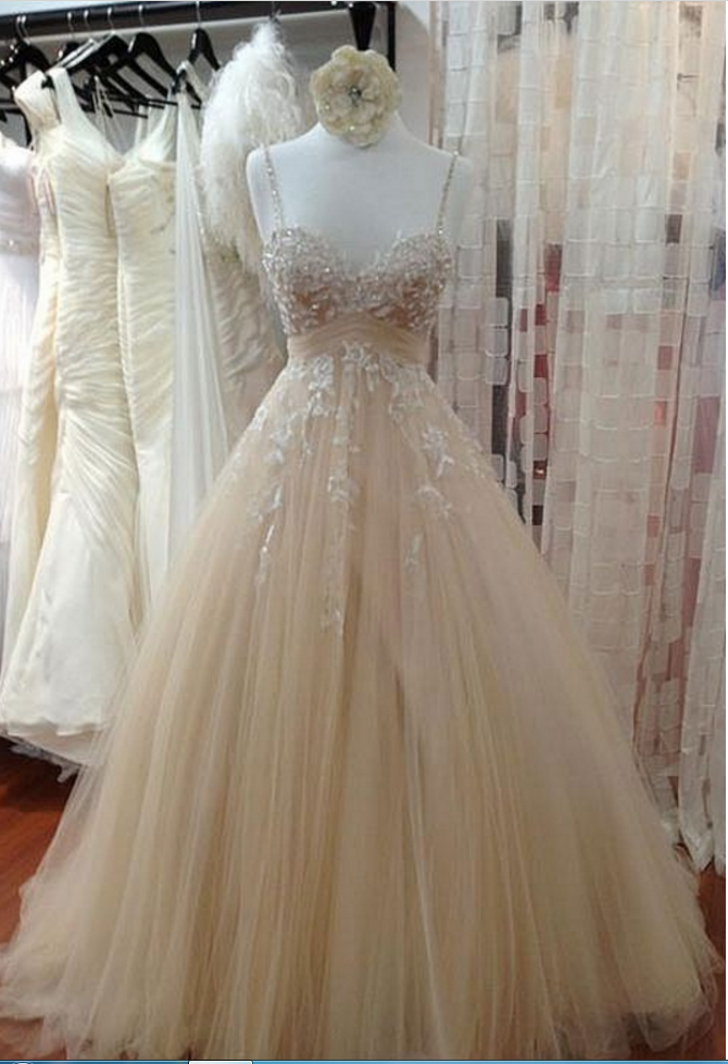 Spaghetti Straps Champagne Prom Dress With Beaded Lace