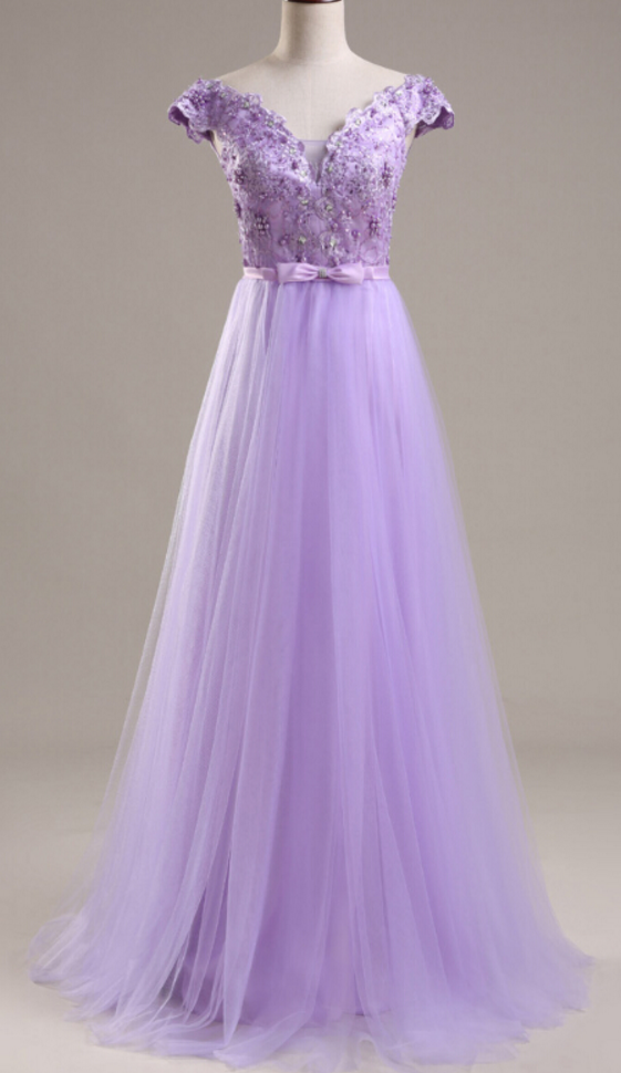 Light Purple Tulle Prom Dresses Cap Sleeves Appliques Party Dresses