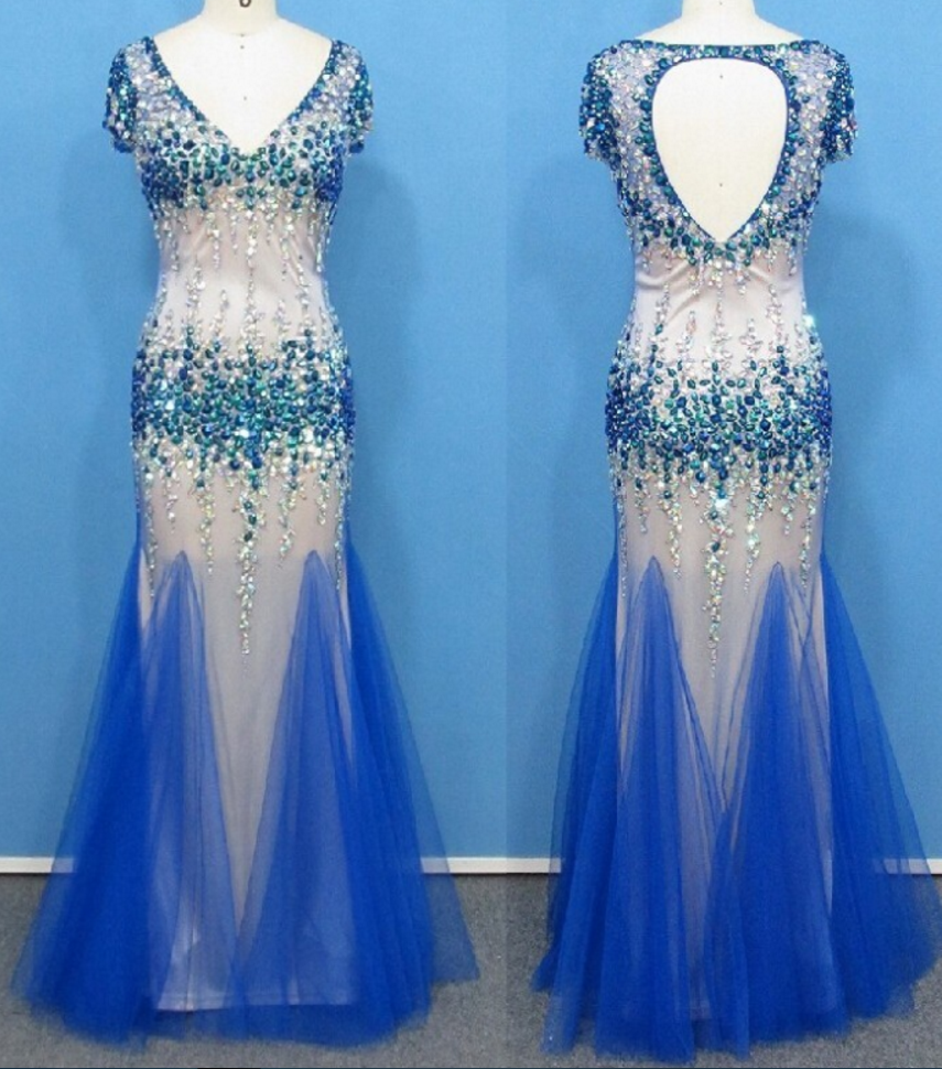 Prom Dresses,sexy Deep V-neck Keyhole Back Mermaid Heavy Beaded Evening Dress With Crystals