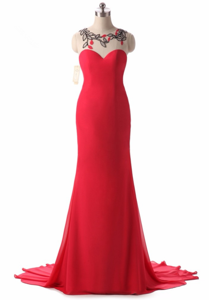 Real Photos Sleeveless Red Mermaid Evening Dress With Illusion Back Handmade Flowers Formal Party Dress Custom Made