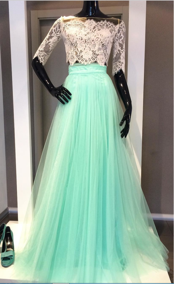 Two Piece Prom Dresses,prom Dresses With Sleeves,long Prom Dresses ,elegant Prom Dress,tulle Dress