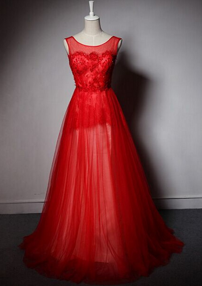 Custom Made Red Prom Dress, A-line Prom Dress,tulle Prom Dress, Scoop Prom Dress, Beading Appliques Prom Dress