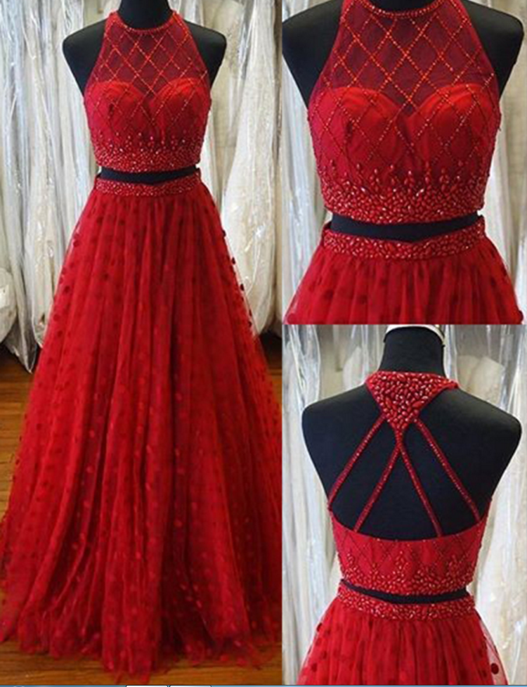 Red Prom Dresses,two Pieces Prom Dress,a-line Prom Dress,evening Dresses,saprkly Prom Dress,elegant Prom Gowns