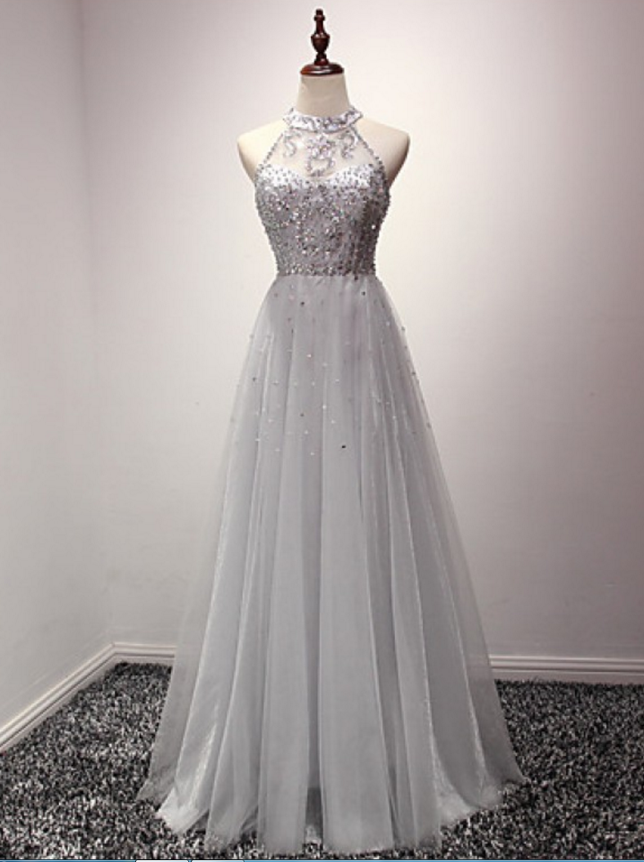 Custom Made A-line Halter Sequin Tulle Floor-length Dress, Prom Dress, Evening Dress, Graduation Dress