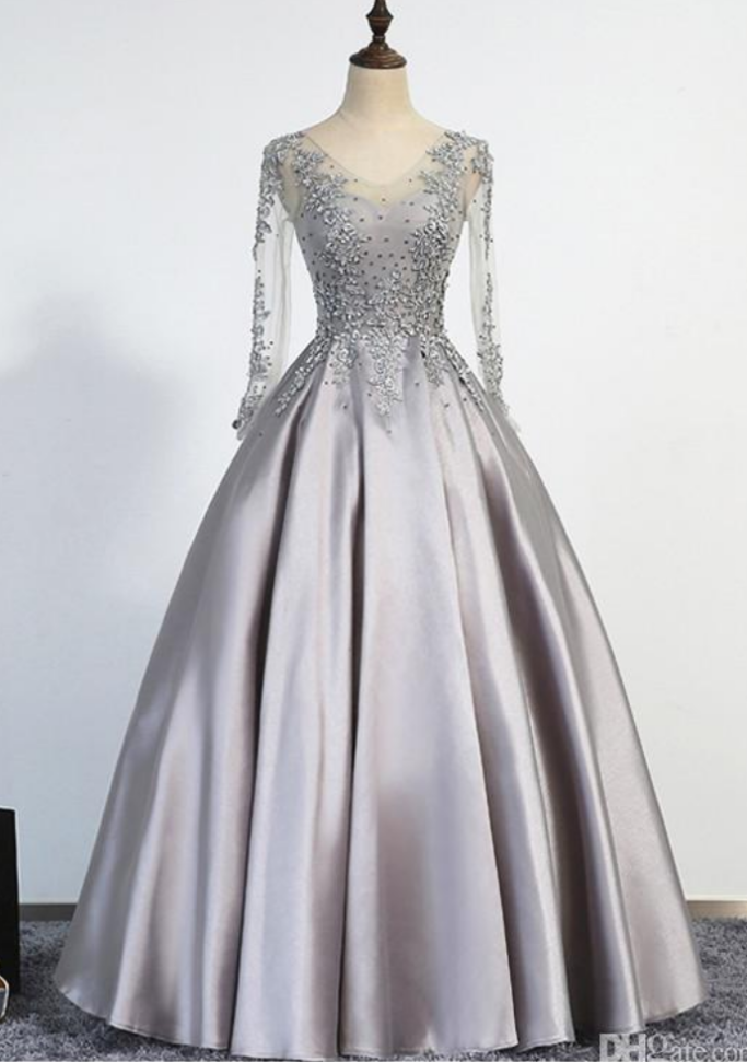 Prom Dresses 2017,elegant Sliver Evening Dresses A-line Scoop Illusion Lace Up Long Sleeves Floor Length Appliques Beading Real Picture Prom