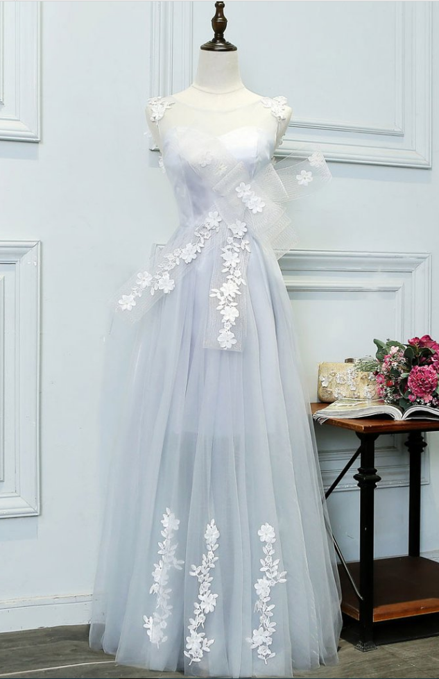 Unique Gray Tulle Lace Applique Long Prom Dress, Evening Dress
