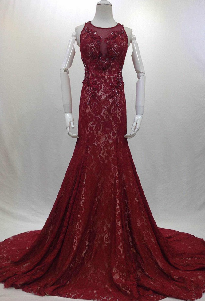 Fashionable Beading Prom Dress,red Evening Dresses Real Photos Long Elegant Sexy Party Lace Chapel Train Prom Dresses