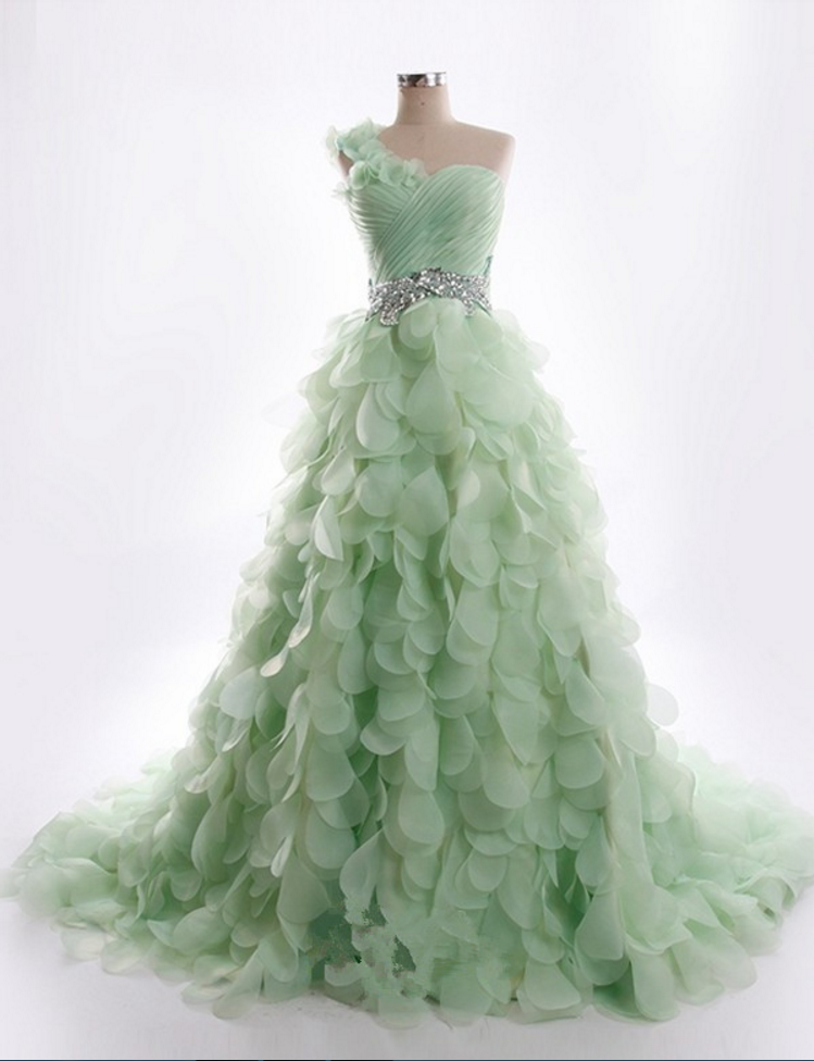 Organza One-shoulder Beading Dresses With Floral Leaves
