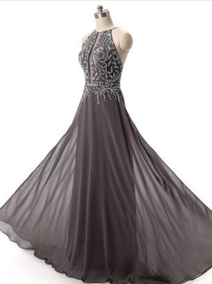 Charming Prom Dress,grey Chiffon Prom Dress,backless Prom Dresses,sexy Prom Dress,prom Gown, Long Evening Dress