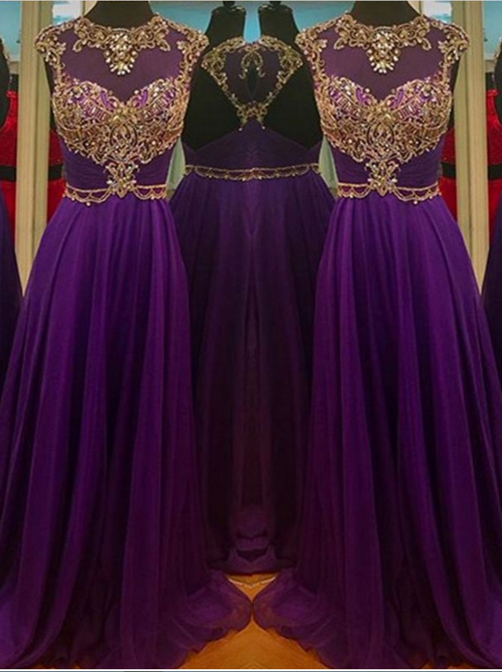 Illusion Neck Beaded Purple Prom Dress With Open Back Evening Dresses