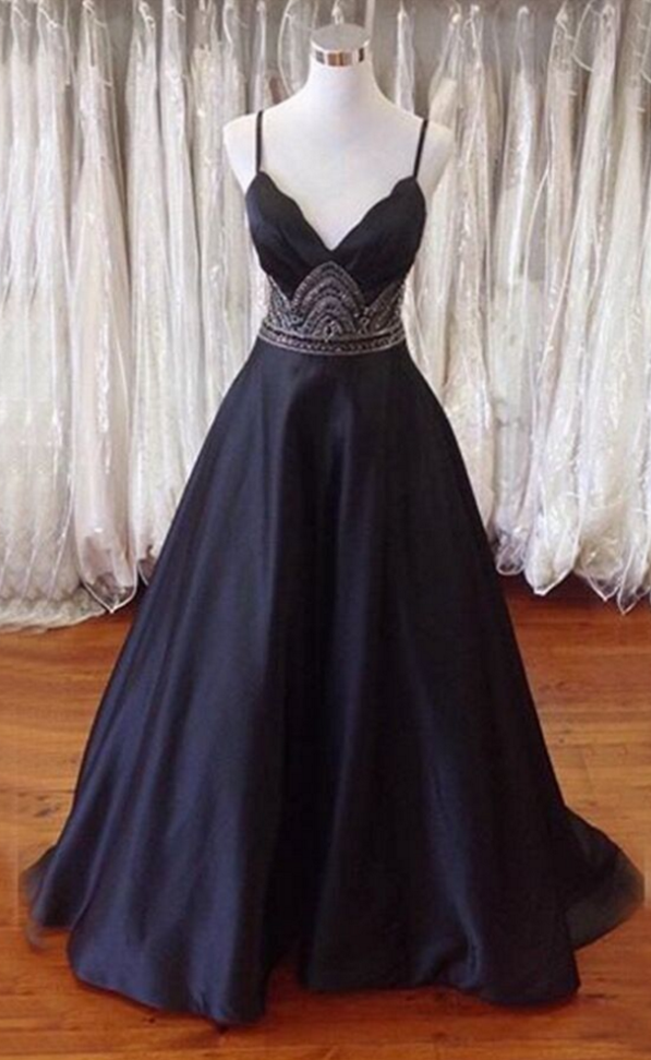 Spaghetti Straps Open Back Black Prom Dress With Beading Evening 