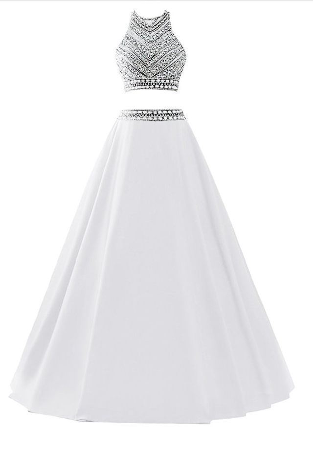 Elegant White Beaded Evening Dress