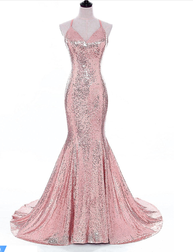 Pink Sequins Halter Long Mermaid Shinny Prom Dresses , Pink Party Gowns, Sequins Party Dresses