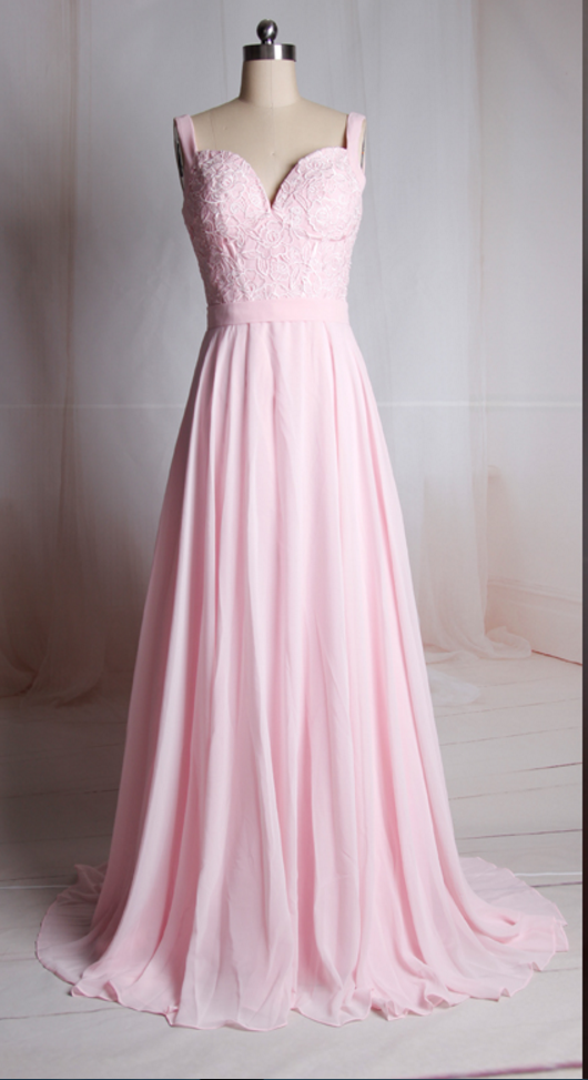 Charming Prom Dress,pink Chiffon Prom Dresses,elegant Lace Evening Dress,spaghetti Straps Homecoming Dress