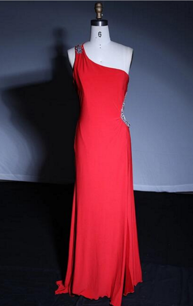 One Shoulder Long Chiffon Prom Dresses Crystals Red Women Party Dresses