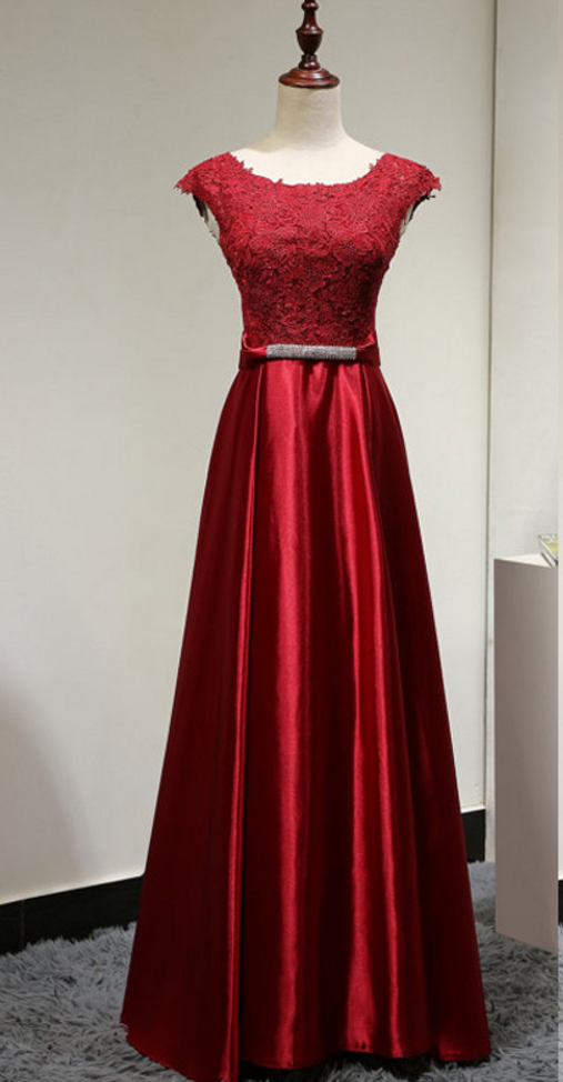 Burgundy Long Satin A-line Formal Dress Featuring Lace Scoop Neck Cap Sleeve Bodice
