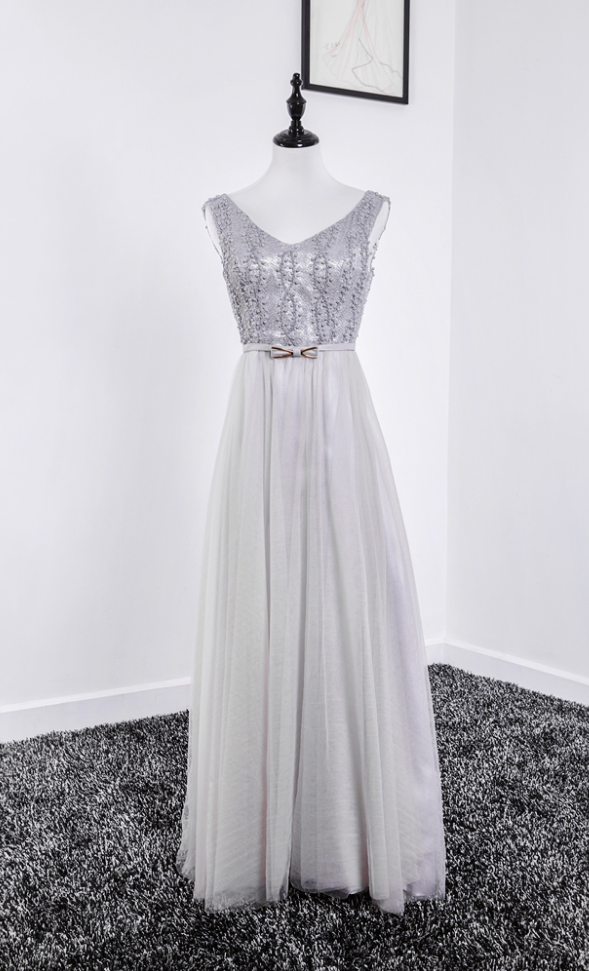 Long Silver Evening Dresses V Neck Tulle Beaded Prom Dress Long Elegant  Formal Gowns Robe De Soiree on Luulla