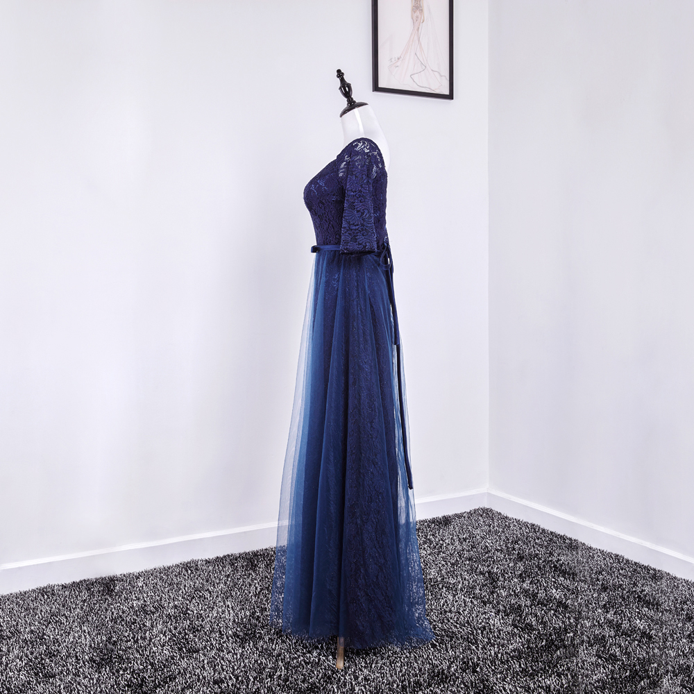 Navy Blue Long Sleeves Lace Front Split Evening Gown JTE150