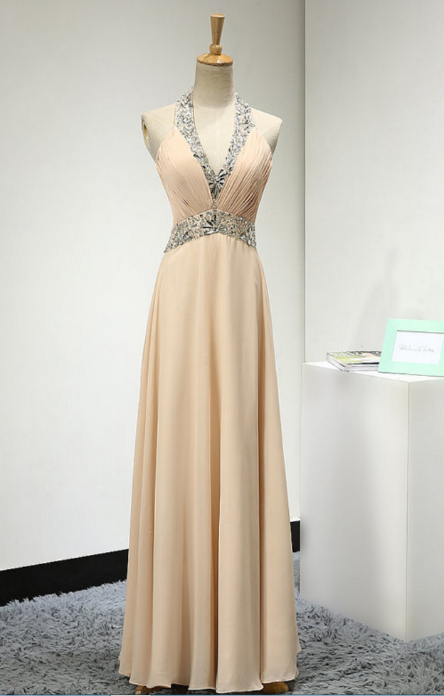 Champagne Halter Prom Dresslong Elegant Chiffon Ruched Bridesmaid Dresses Sexy V Neck Beaded 7141