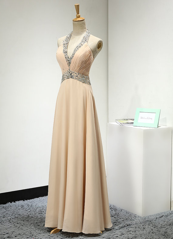 Champagne Halter Prom Dress,long Elegant Chiffon Ruched Bridesmaid