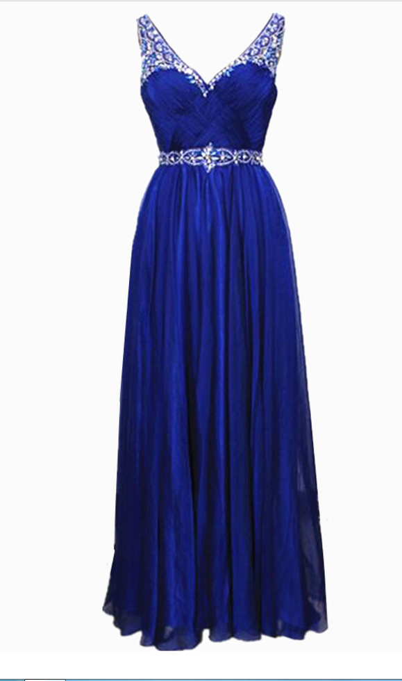 Royal Blue Prom Dresses Rhinestone Beaded Chiffon Prom Gowns Strapless Party Evening Dress For Women